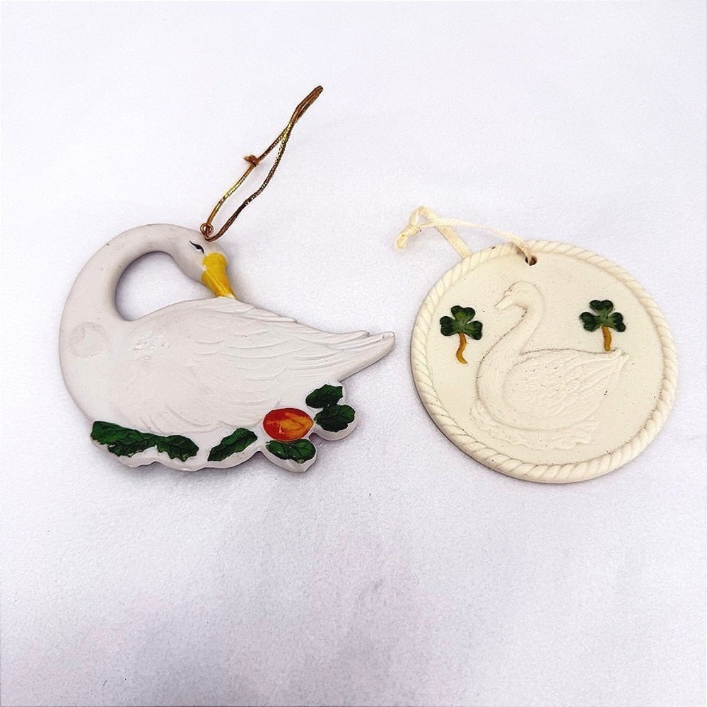 Swan Ornament LOT of 2 Ceramic White Bird Shamrock‎ Holiday Christmas Decor